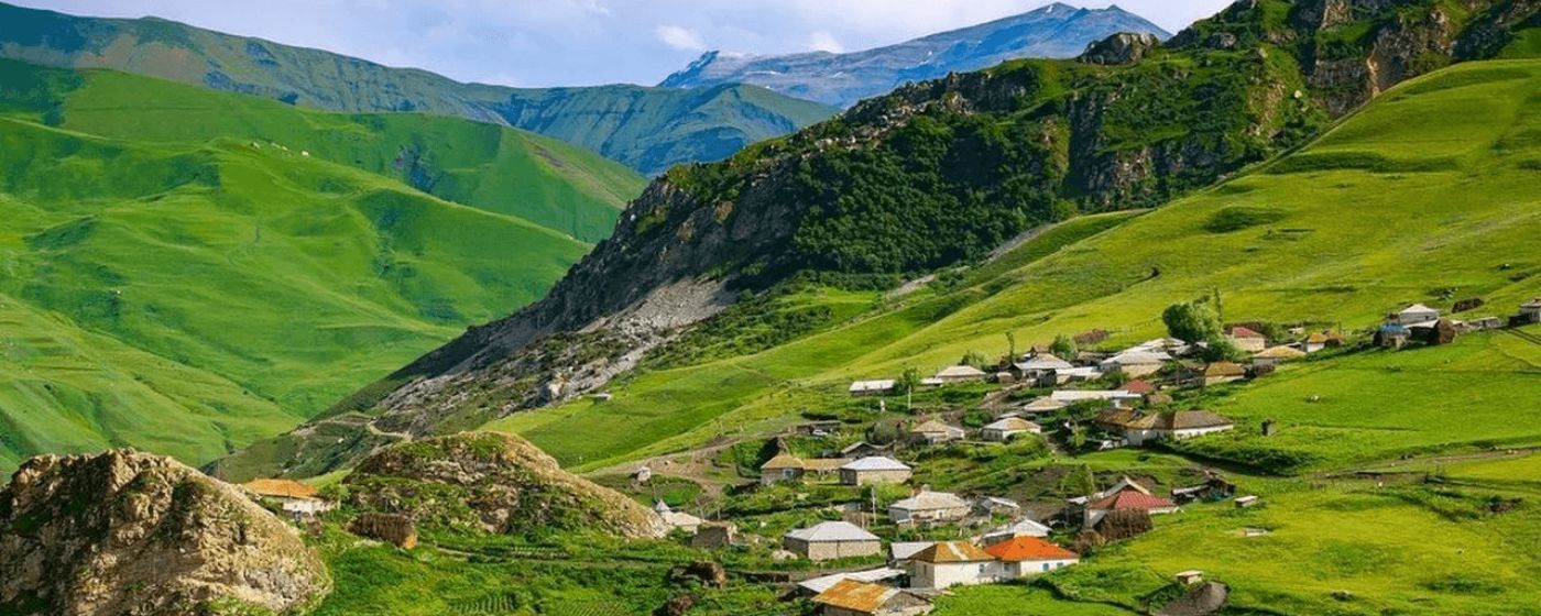 Azerbaijan Caucasus Mountains with scenic valleys, mountain landscapes and beautiful villages.